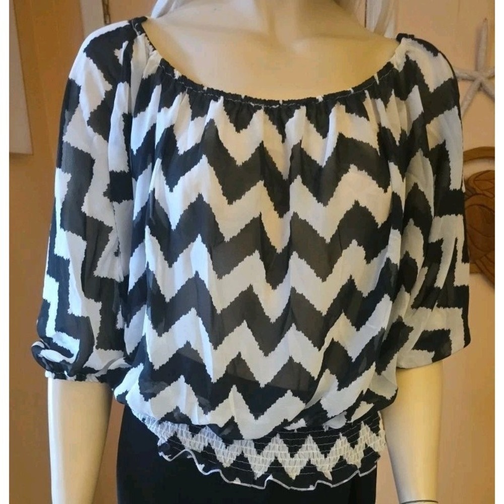 Wishful Park Y2K Sheer Top Chevron Black White Zig Zag Vintage Large Blouse
